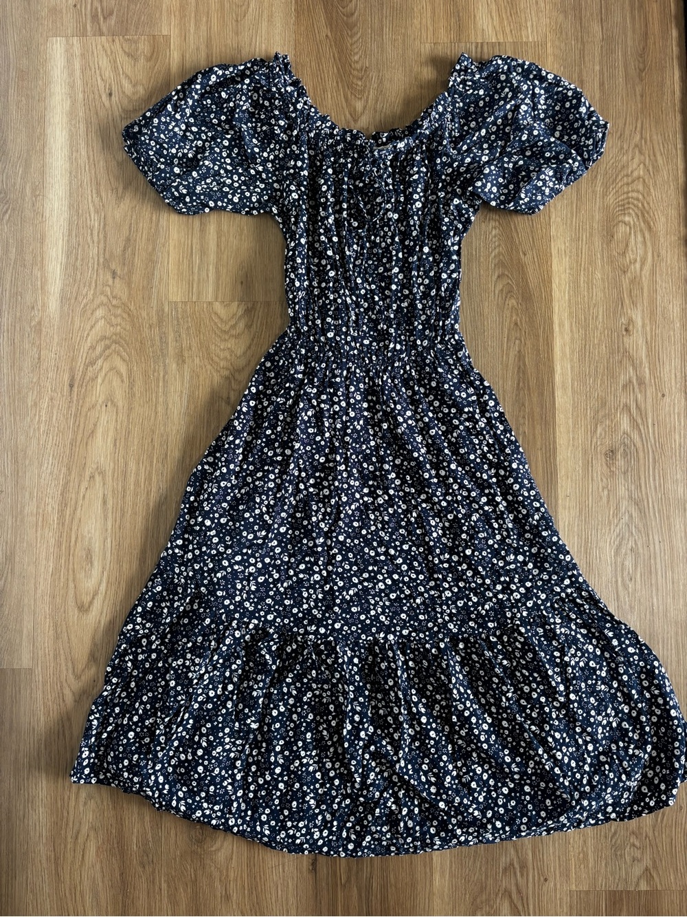 Smocked Puff-Sleeve Maxi Dress in Navy Floral